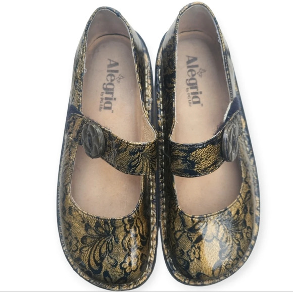 Alegria Leather Slip-On Mary Janes - Faye Black Gold Lace Size 37 - 7 - Picture 6 of 7